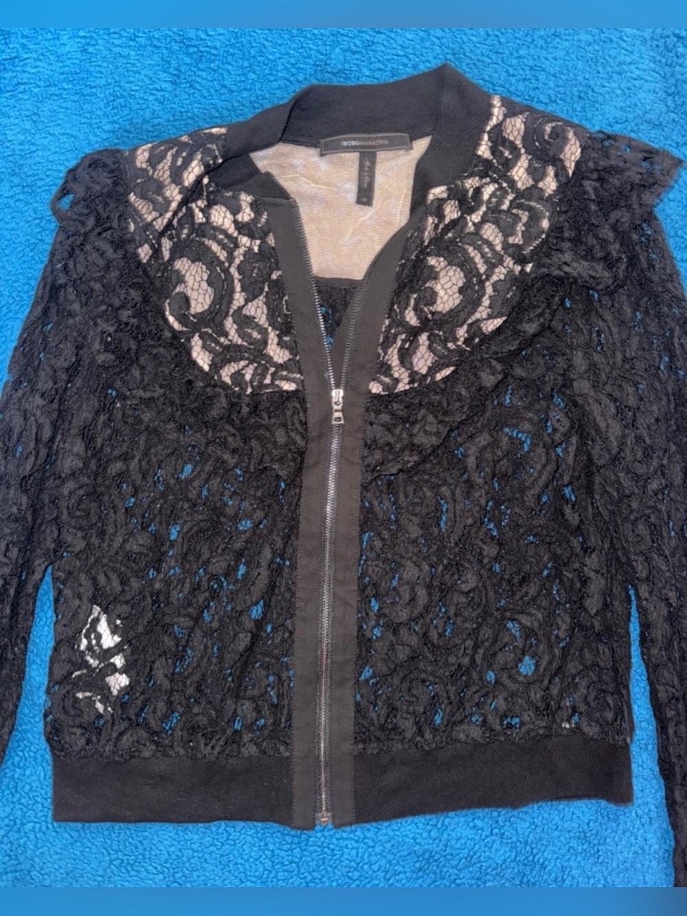 BCBG Max Azria Black Lace Jacket Zip Front Sheer Floral Overlay Medium - Picture 5 of 7